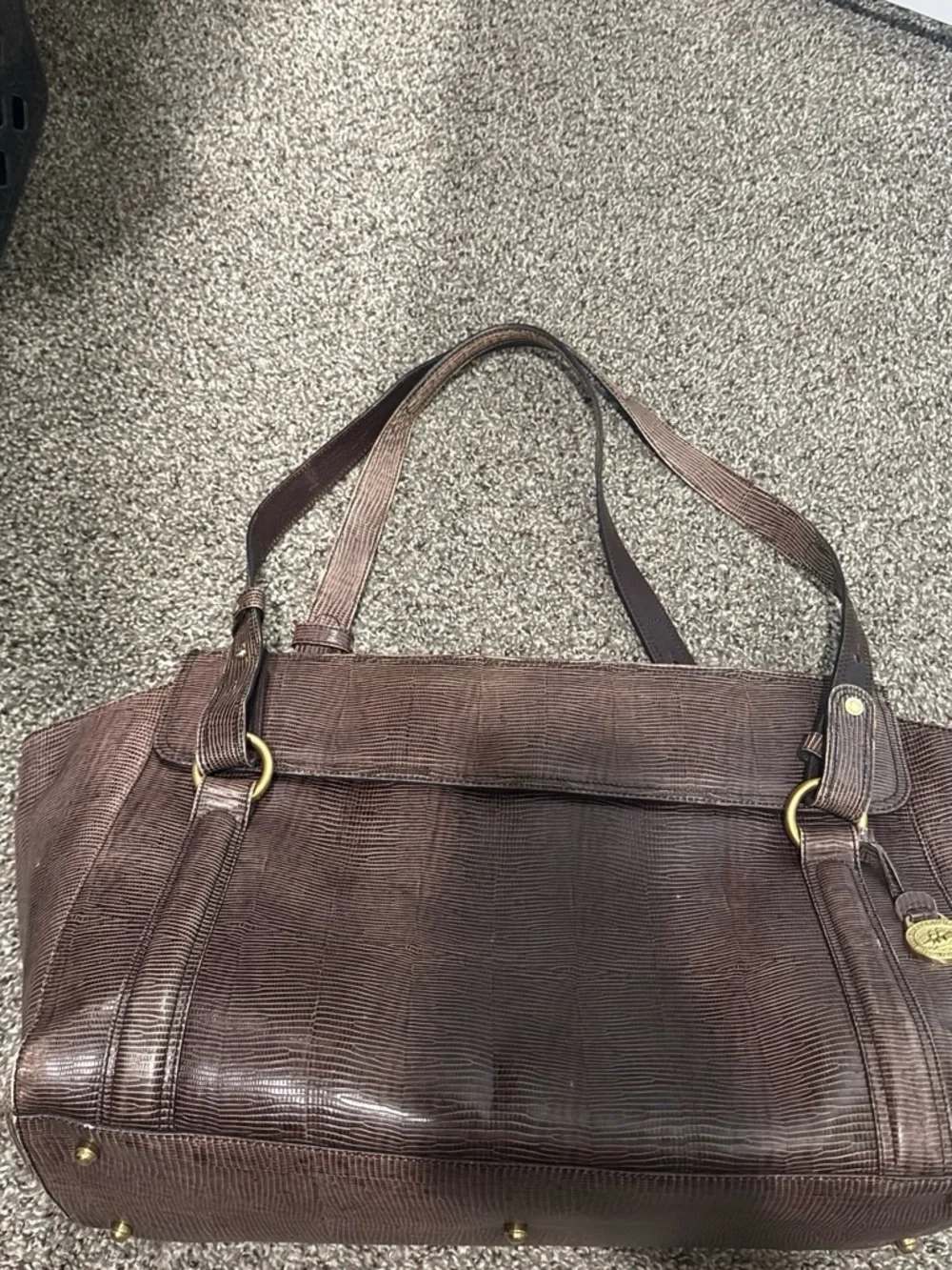 Brahmin Chocolate Brown Lizard-Embossed Tote with Gold Hardware